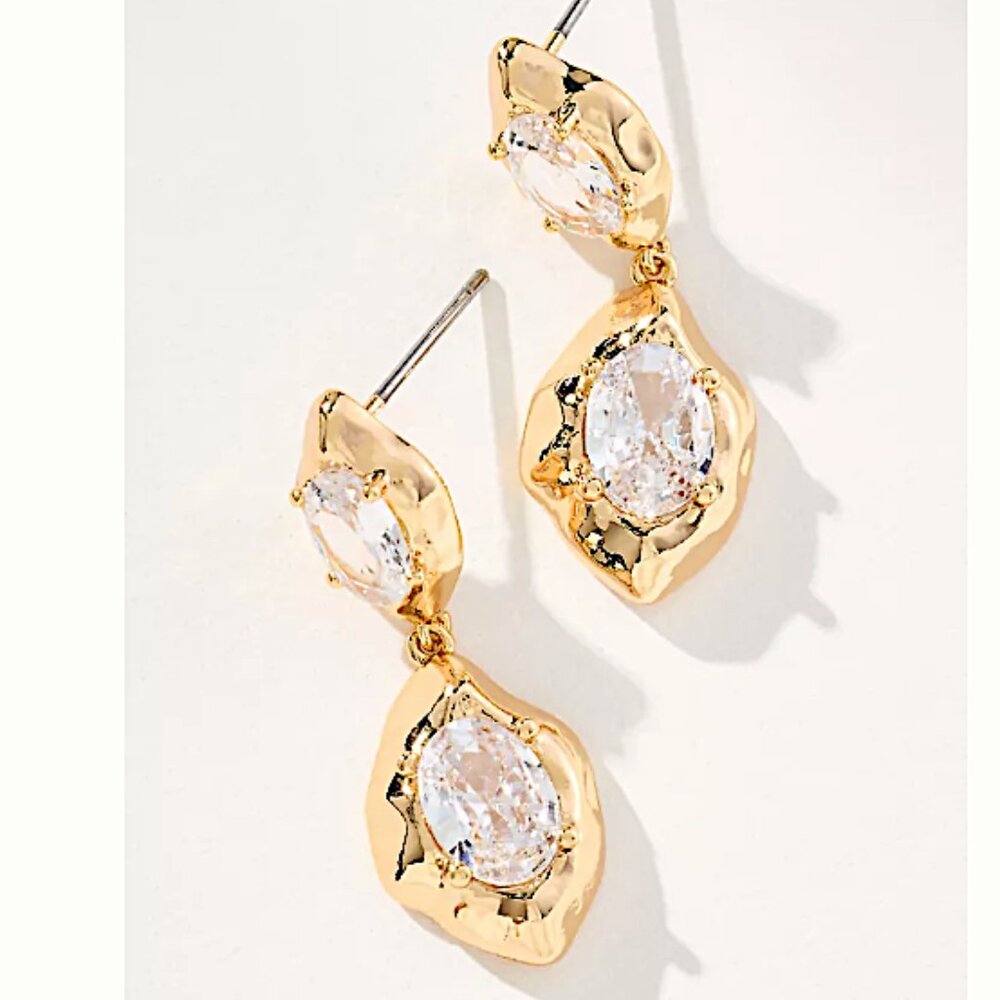 NEW~ Anthropologie Molten Crystal Double Drop Gold Earrings